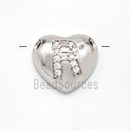 Copper Heart Pendant Pave Zirconia Letter-R Large Hole Platinum Plated