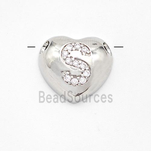 Copper Heart Pendant Pave Zirconia Letter-S Large Hole Platinum Plated