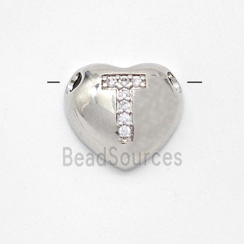 Copper Heart Pendant Pave Zirconia Letter-T Large Hole Platinum Plated