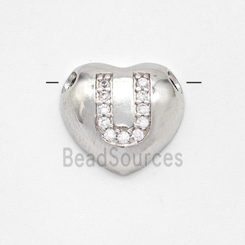 Copper Heart Pendant Pave Zirconia Letter-U Large Hole Platinum Plated