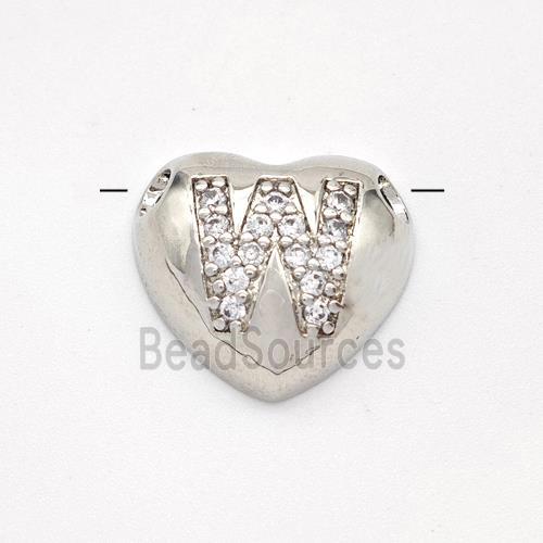 Copper Heart Pendant Pave Zirconia Letter-W Large Hole Platinum Plated