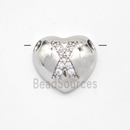 Copper Heart Pendant Pave Zirconia Letter-X Large Hole Platinum Plated