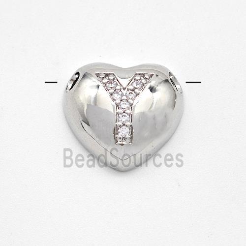 Copper Heart Pendant Pave Zirconia Letter-Y Large Hole Platinum Plated