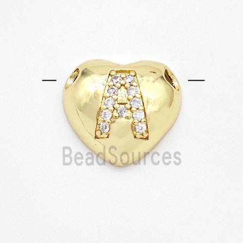 Copper Heart Pendant Pave Zirconia Letter-A Large Hole Gold Plated