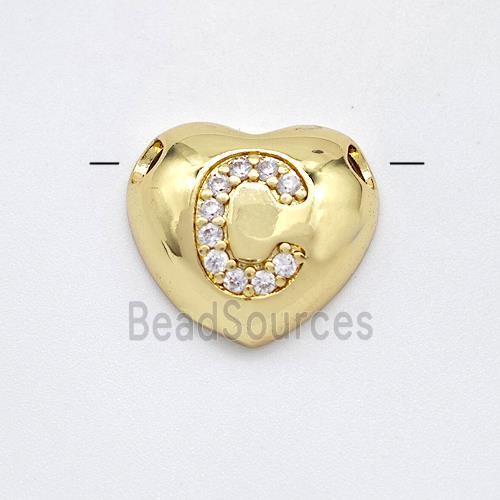 Copper Heart Pendant Pave Zirconia Letter-C Large Hole Gold Plated