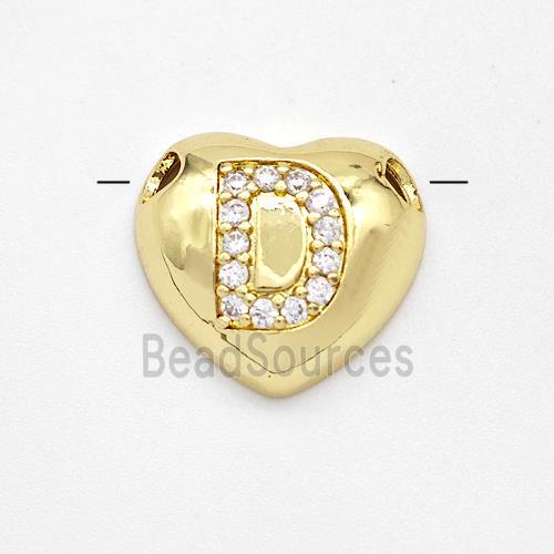 Copper Heart Pendant Pave Zirconia Letter-D Large Hole Gold Plated