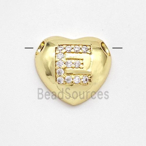 Copper Heart Pendant Pave Zirconia Letter-E Large Hole Gold Plated