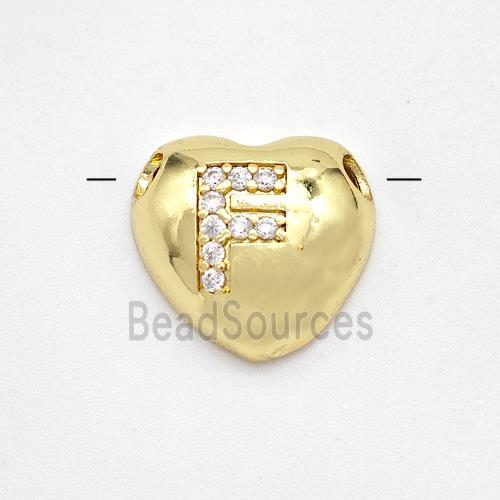 Copper Heart Pendant Pave Zirconia Letter-F Large Hole Gold Plated