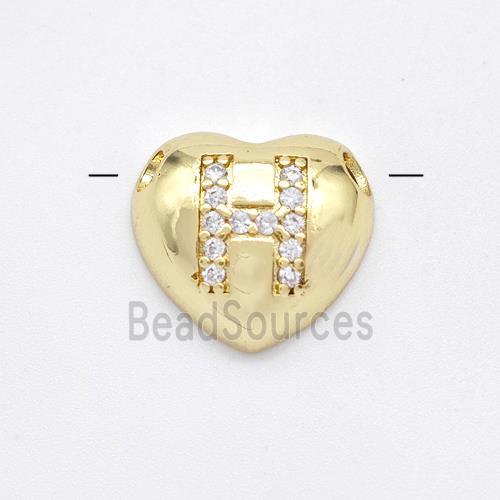 Copper Heart Pendant Pave Zirconia Letter-H Large Hole Gold Plated