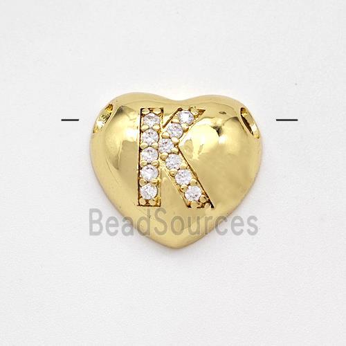 Copper Heart Pendant Pave Zirconia Letter-K Large Hole Gold Plated