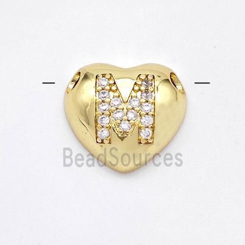 Copper Heart Pendant Pave Zirconia Letter-M Large Hole Gold Plated