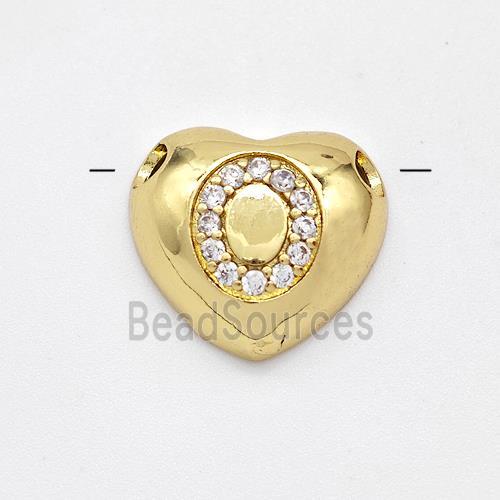 Copper Heart Pendant Pave Zirconia Letter-O Large Hole Gold Plated