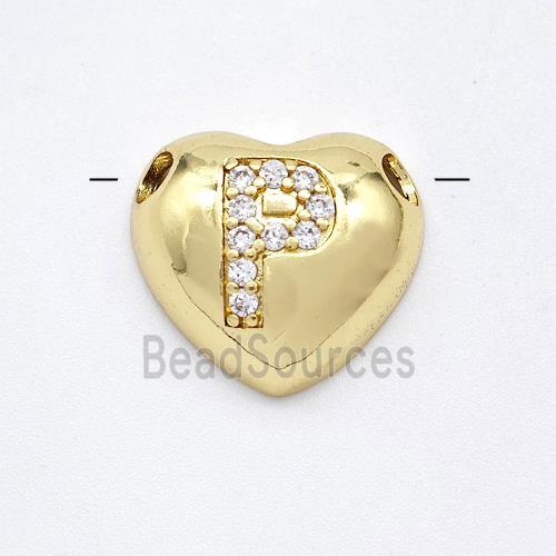 Copper Heart Pendant Pave Zirconia Letter-P Large Hole Gold Plated