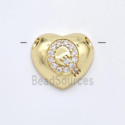 Copper Heart Pendant Pave Zirconia Letter-Q Large Hole Gold Plated