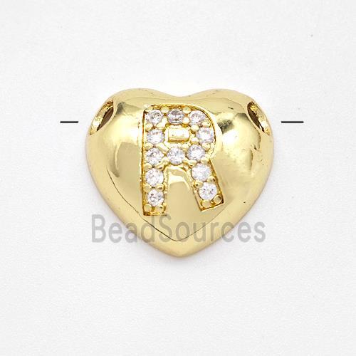 Copper Heart Pendant Pave Zirconia Letter-R Large Hole Gold Plated