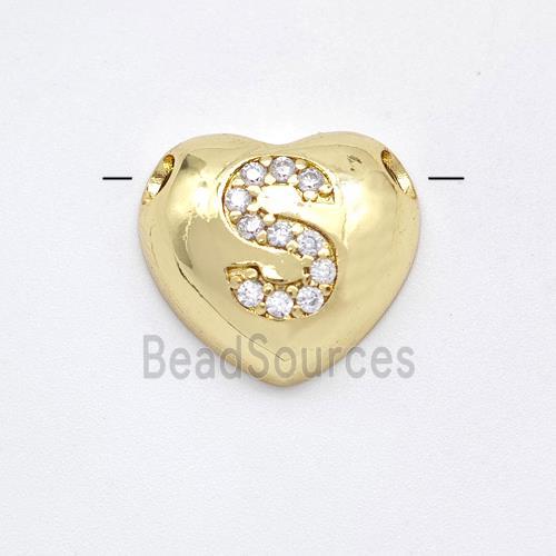 Copper Heart Pendant Pave Zirconia Letter-S Large Hole Gold Plated