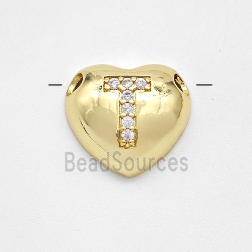 Copper Heart Pendant Pave Zirconia Letter-T Large Hole Gold Plated