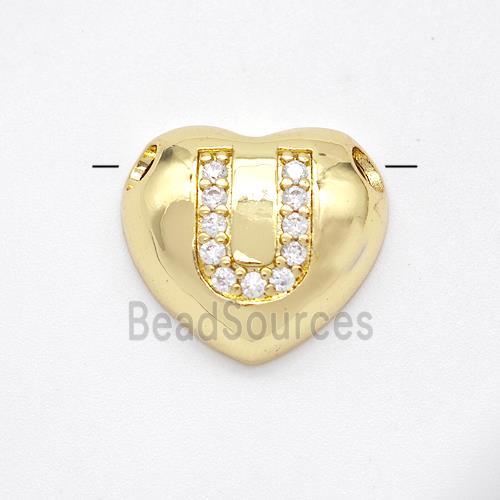 Copper Heart Pendant Pave Zirconia Letter-U Large Hole Gold Plated