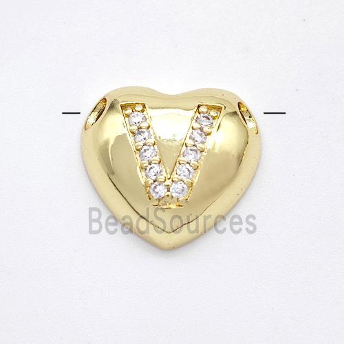 Copper Heart Pendant Pave Zirconia Letter-V Large Hole Gold Plated