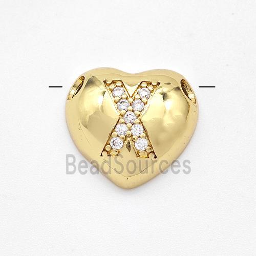 Copper Heart Pendant Pave Zirconia Letter-X Large Hole Gold Plated