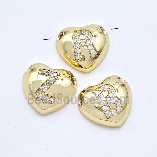 Copper Heart Alphabet Pendant Pave Zirconia Mix Letters Large Hole Gold Plated