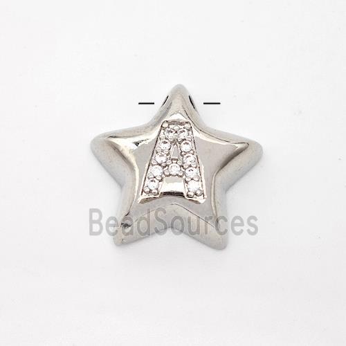 Copper Star Pendant Pave Zirconia Letter-A Large Hole Platinum Plated