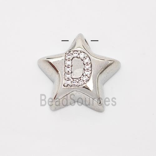 Copper Star Pendant Pave Zirconia Letter-D Large Hole Platinum Plated