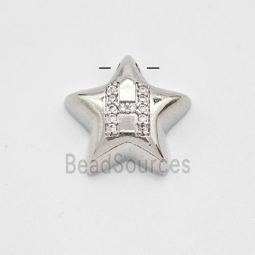 Copper Star Pendant Pave Zirconia Letter-H Large Hole Platinum Plated