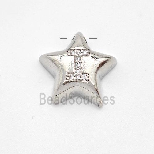 Copper Star Pendant Pave Zirconia Letter-I Large Hole Platinum Plated