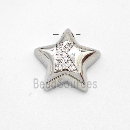 Copper Star Pendant Pave Zirconia Letter-K Large Hole Platinum Plated