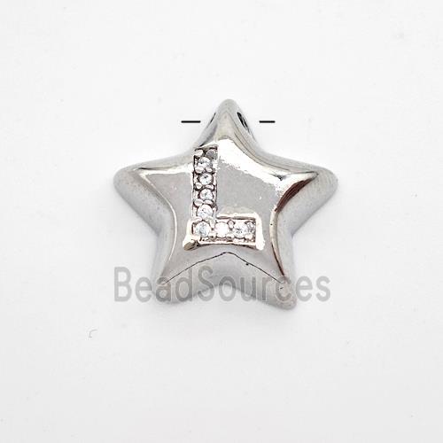 Copper Star Pendant Pave Zirconia Letter-L Large Hole Platinum Plated