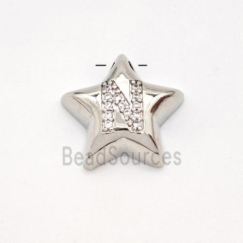 Copper Star Pendant Pave Zirconia Letter-N Large Hole Platinum Plated