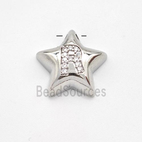 Copper Star Pendant Pave Zirconia Letter-R Large Hole Platinum Plated