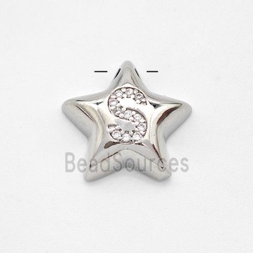 Copper Star Pendant Pave Zirconia Letter-S Large Hole Platinum Plated