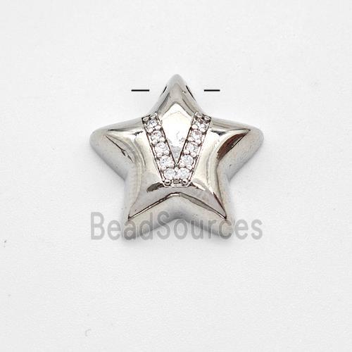 Copper Star Pendant Pave Zirconia Letter-V Large Hole Platinum Plated