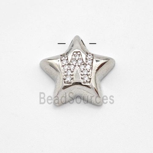 Copper Star Pendant Pave Zirconia Letter-W Large Hole Platinum Plated