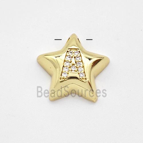 Copper Star Pendant Pave Zirconia Letter-A Large Hole Gold Plated