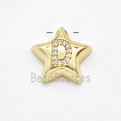 Copper Star Pendant Pave Zirconia Letter-D Large Hole Gold Plated