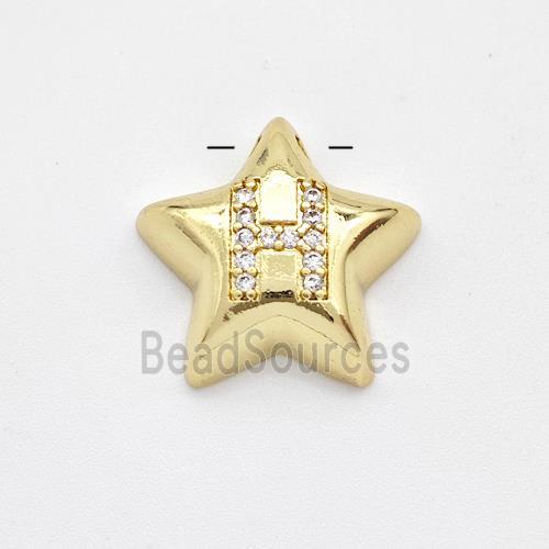 Copper Star Pendant Pave Zirconia Letter-H Large Hole Gold Plated