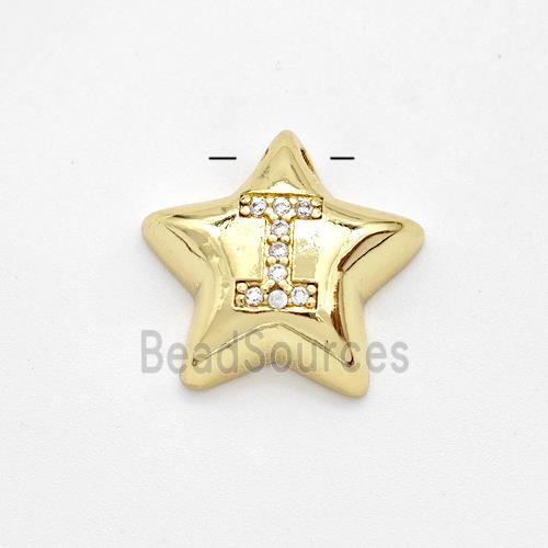 Copper Star Pendant Pave Zirconia Letter-I Large Hole Gold Plated