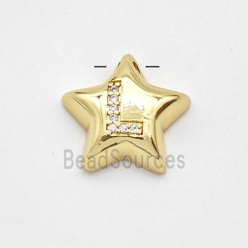 Copper Star Pendant Pave Zirconia Letter-L Large Hole Gold Plated