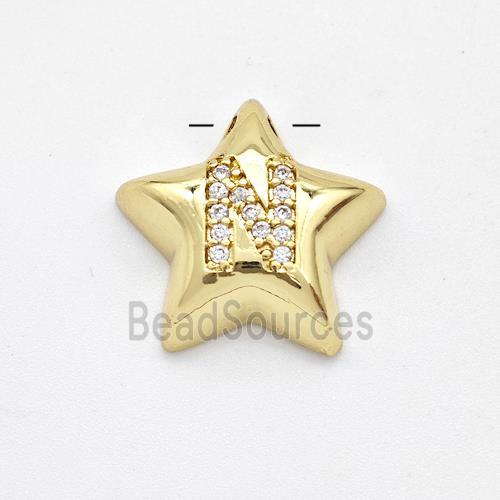 Copper Star Pendant Pave Zirconia Letter-N Large Hole Gold Plated