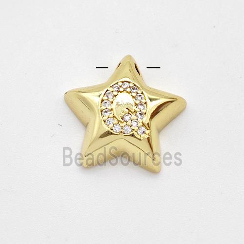 Copper Star Pendant Pave Zirconia Letter-Q Large Hole Gold Plated