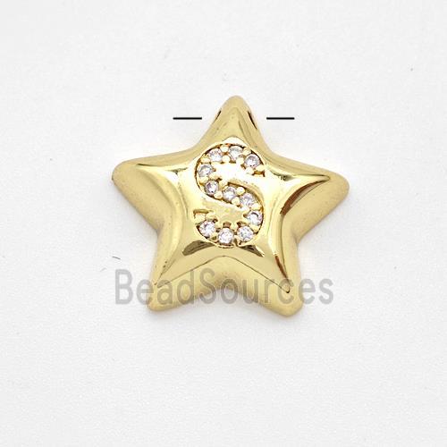 Copper Star Pendant Pave Zirconia Letter-S Large Hole Gold Plated