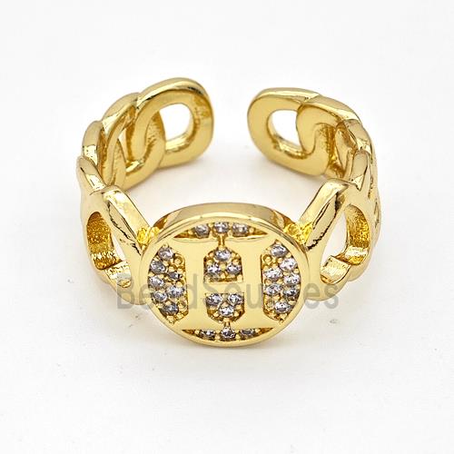 Copper Ring Pave Zirconia Letter-H Gold Plated