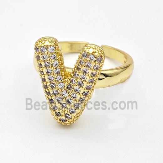 Copper Ring Pave Zirconia Letter-V Gold Plated