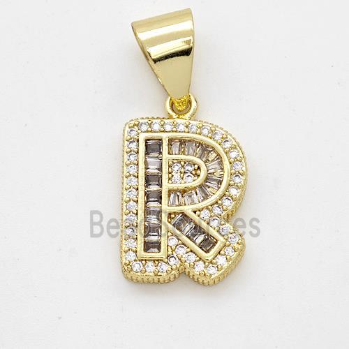 Copper Pendant Pave Zirconia Letter-R Gold Plated