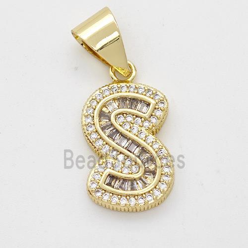 Copper Pendant Pave Zirconia Letter-S Gold Plated