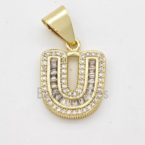 Copper Pendant Pave Zirconia Letter-U Gold Plated