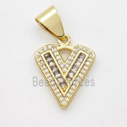 Copper Pendant Pave Zirconia Letter-V Gold Plated